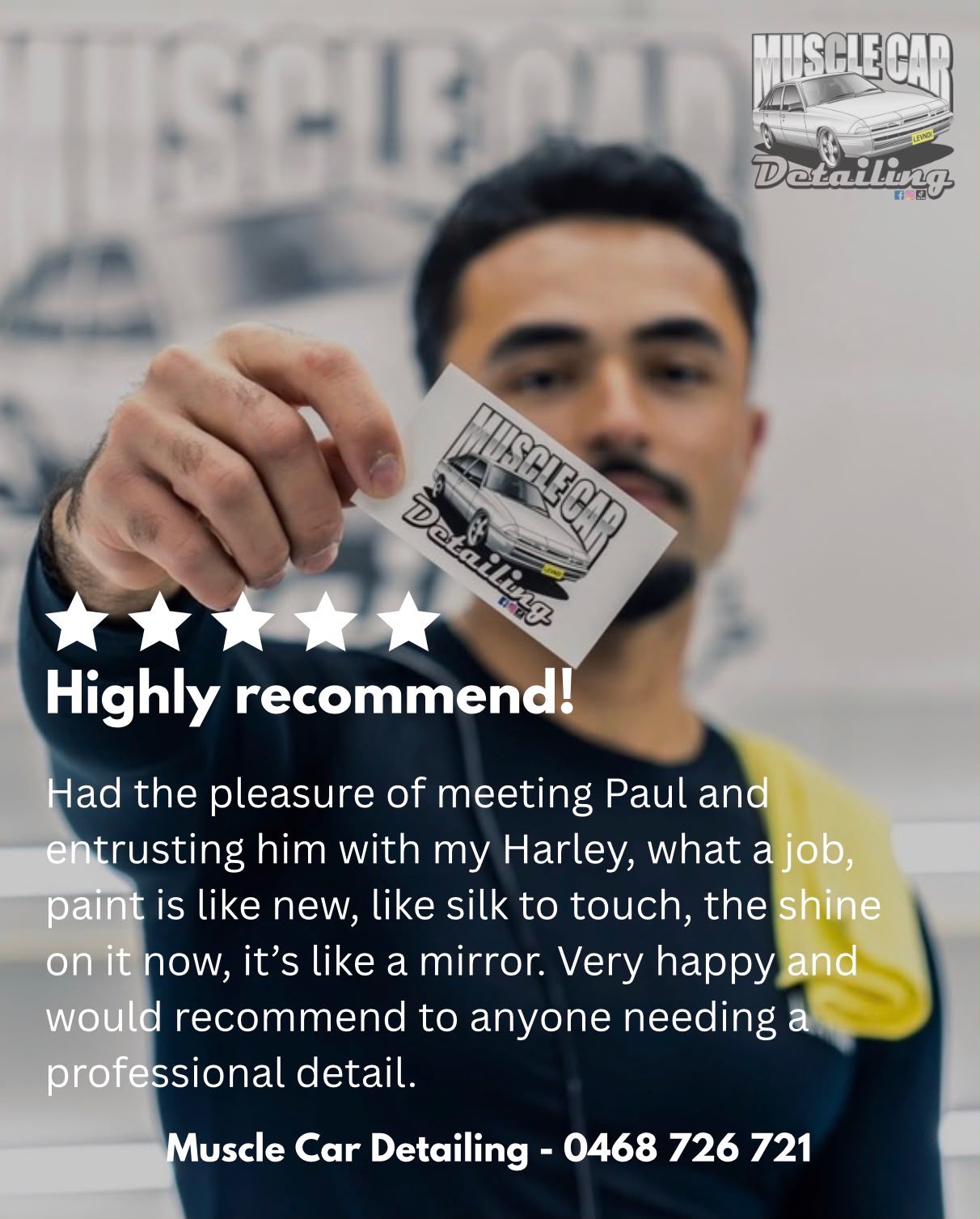 Five-star review: Highly recommend! Had the pleasure of meeting Paul and entrusting him with my Harley, what a job, paint is like new, like silk to touch, the shine on it now, it’s like a mirror. Very happy and would recommend to anyone needing a professional detail.