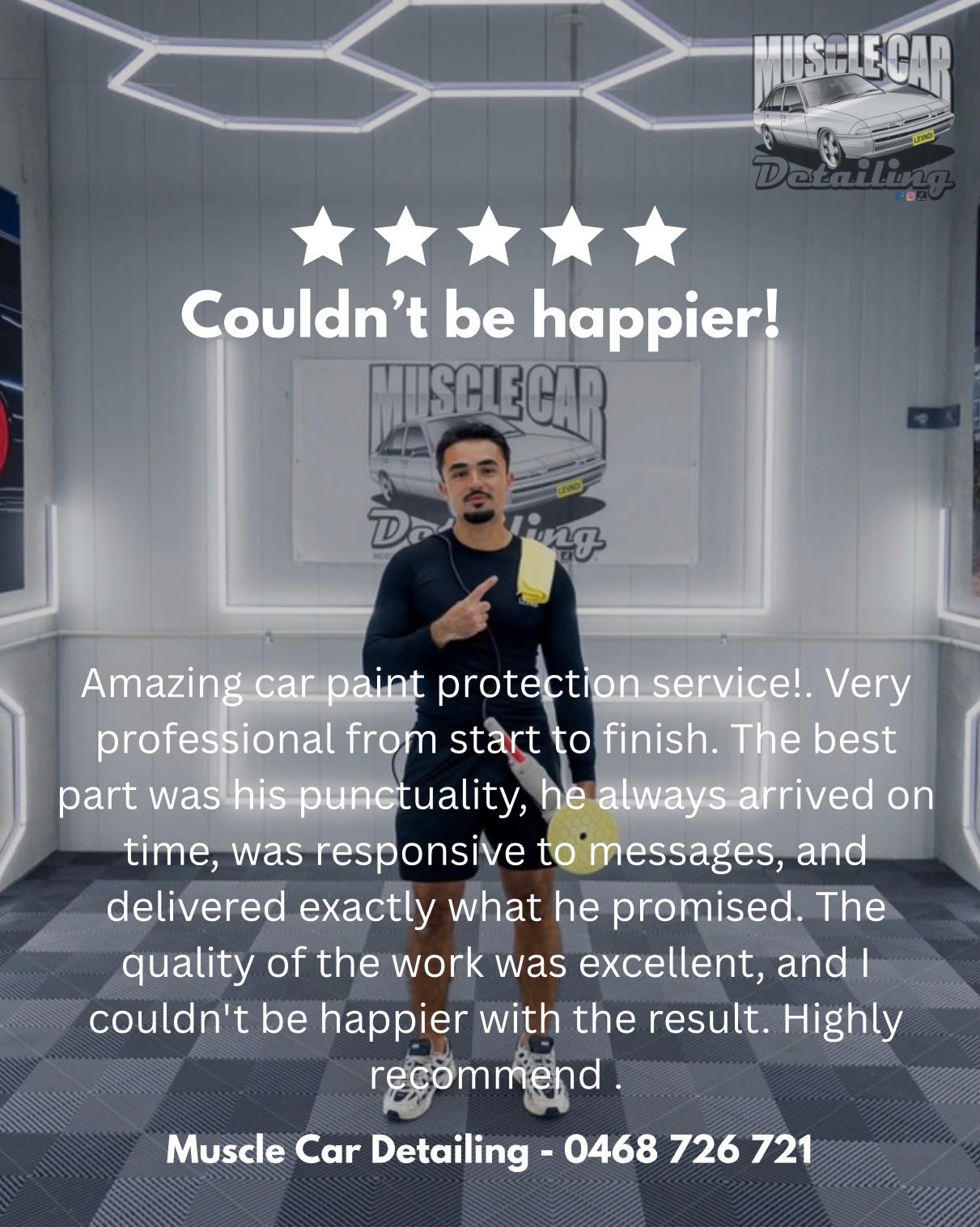 Five-star review: Couldn’t be happier! Amazing car paint protection service! Very professional from start to finish. The best part was his punctuality, he always arrived on time, was responsive to messages, and delivered exactly what he promised. The quality of the work was excellent, and I couldn’t be happier with the result. Highly recommend.