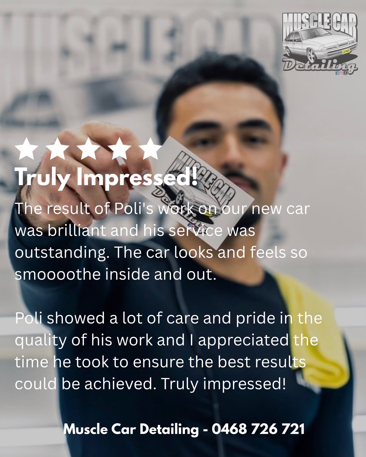 Five-star review: Truly Impressed! The result of Poli’s work on our new car was brilliant and his service was outstanding. The car looks and feels so smoooothe inside and out. Poli showed a lot of care and pride in the quality of his work and I appreciated the time he took to ensure the best results could be achieved. Truly impressed!