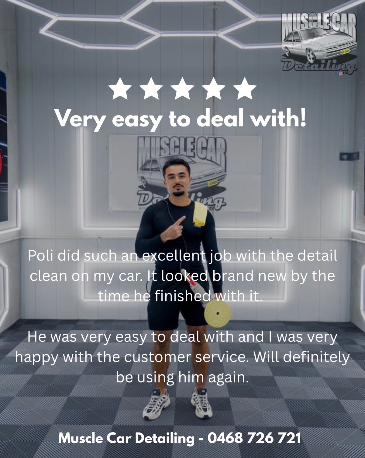 Five-star review: Very easy to deal with! Poli did such an excellent job with the detail clean on my car. It looked brand new by the time he finished with it. He was very easy to deal with and I was very happy with the customer service. Will definitely be using him again.