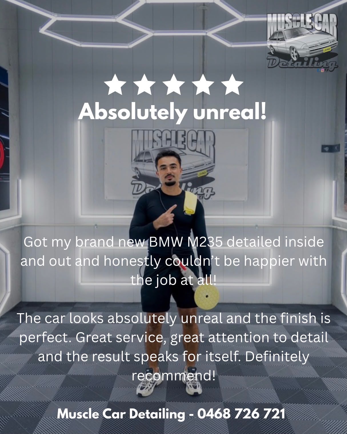 Five-star review: Absolutely unreal! Got my brand new BMW M235 detailed inside and out and honestly couldn’t be happier with the job at all! The car looks absolutely unreal and the finish is perfect. Great service, great attention to detail and the result speaks for itself. Definitely recommend!