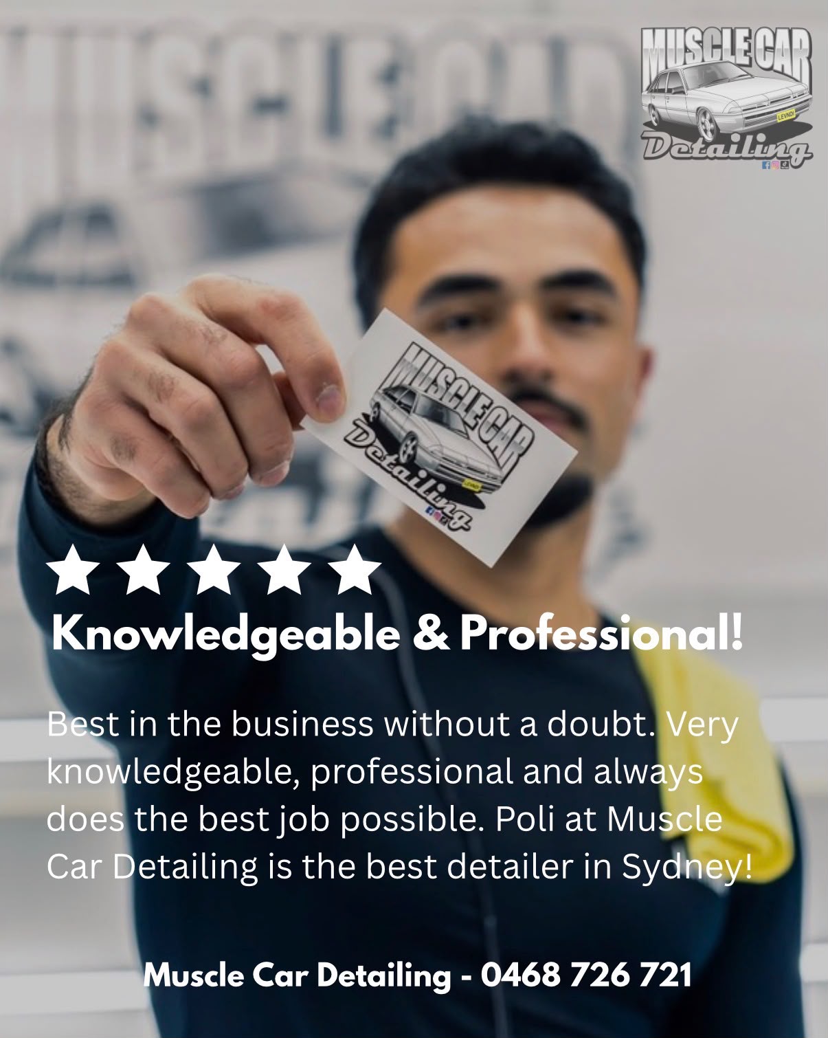 Five-star review: Knowledgeable & Professional! Best in the business without a doubt. Very knowledgeable, professional and always does the best job possible. Poli at Muscle Car Detailing is the best detailer in Sydney!